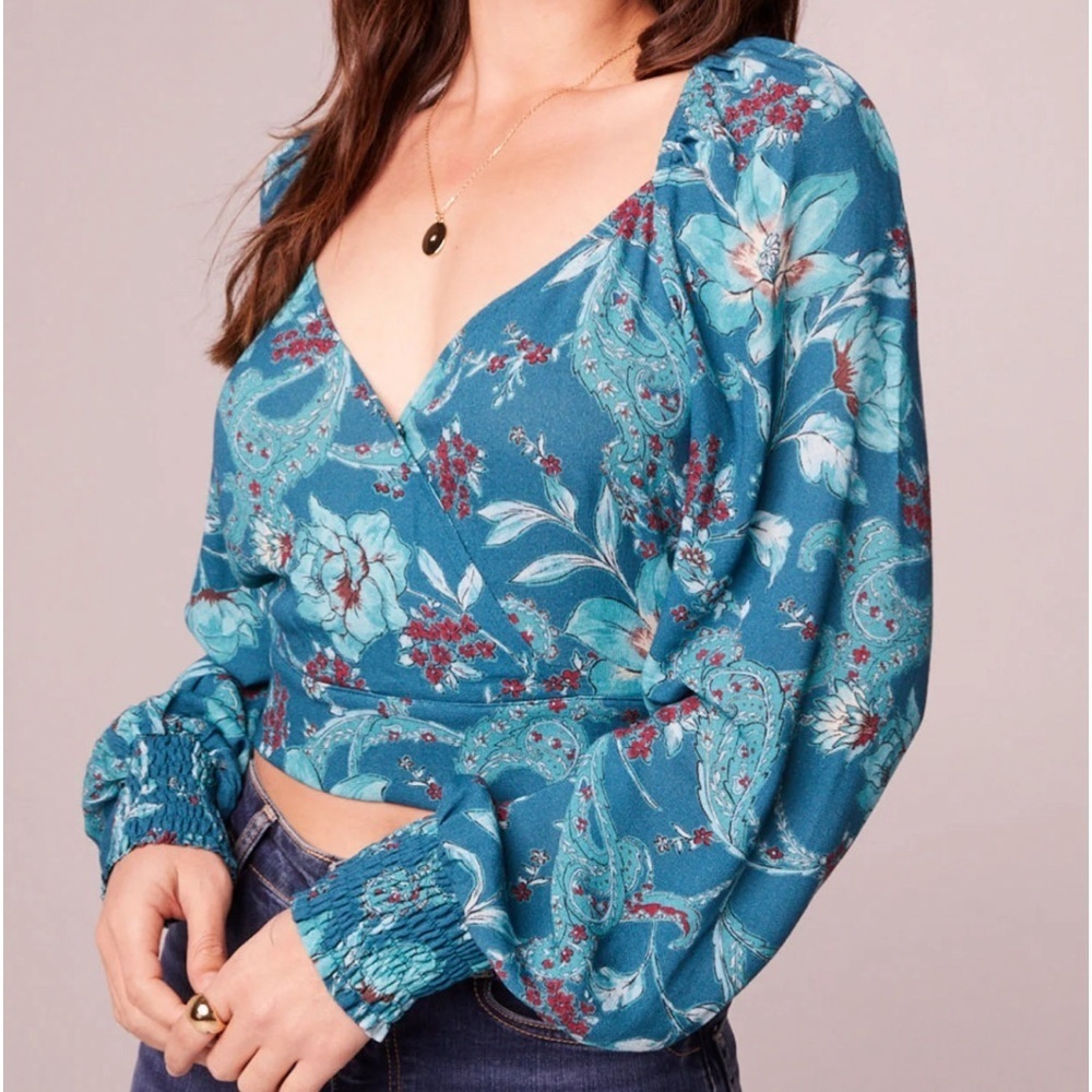 Band of the Free SYBILLE TEAL Blue FLORAL CROSSOVER CROP TOP Blouse Women’s XS